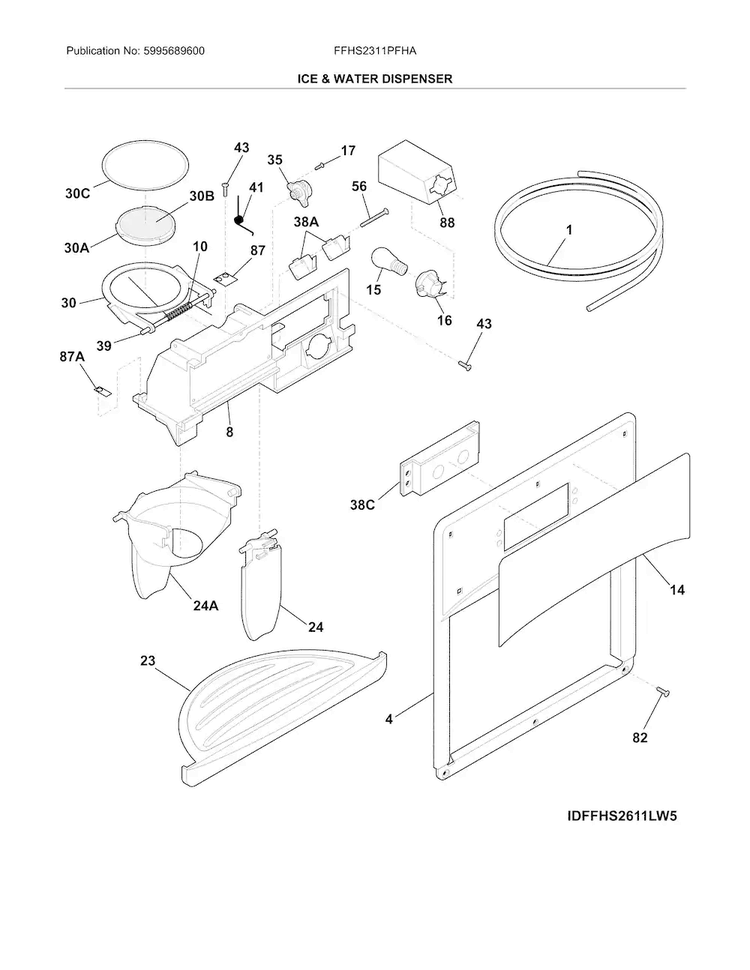 Ice & Water Dispenser Diagram and Parts List for FFHS2311PFHA  Frigidaire Refrigerator