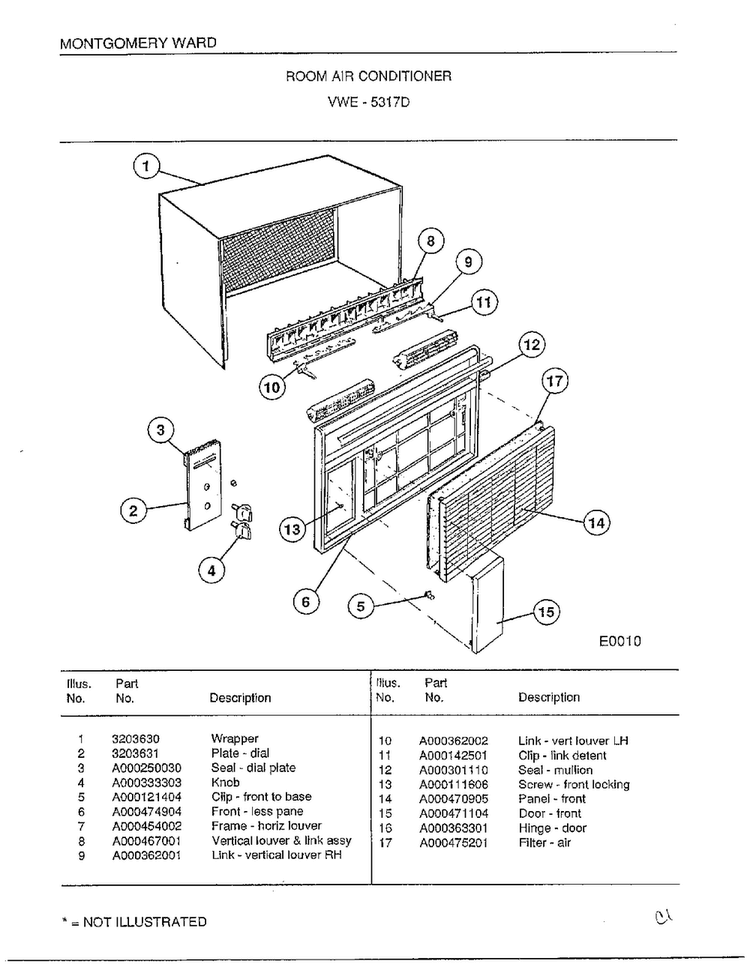 Room Air Conditioner Diagram and Parts List for 5317D  Frigidaire Air Conditioner