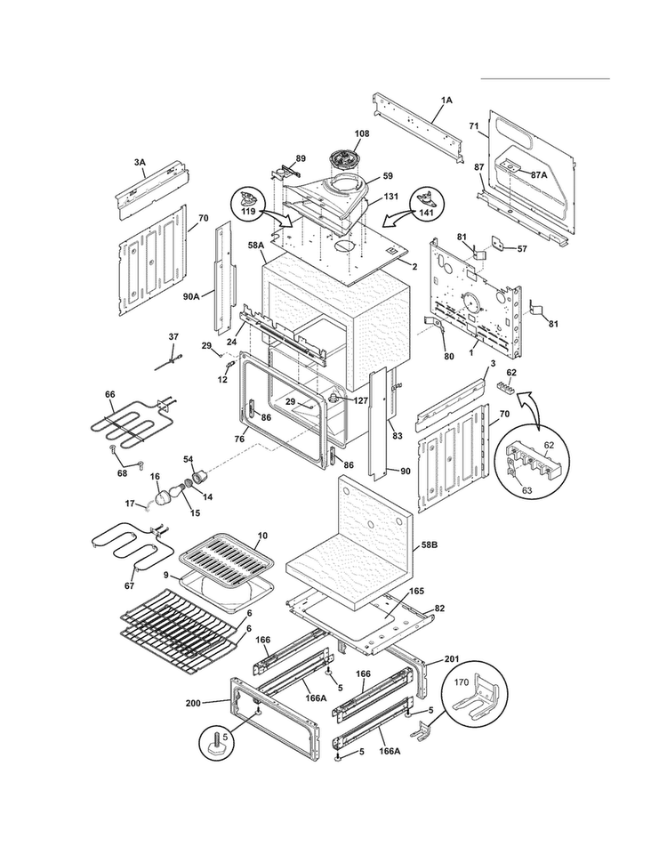 Body Diagram and Parts List for FFES3025LBD  Frigidaire Range