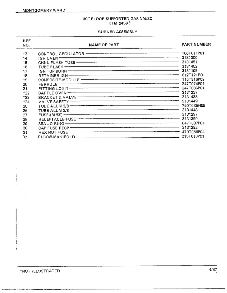 30" Floor/burner Assy Page 2 Diagram and Parts List for 2458A  Frigidaire Range