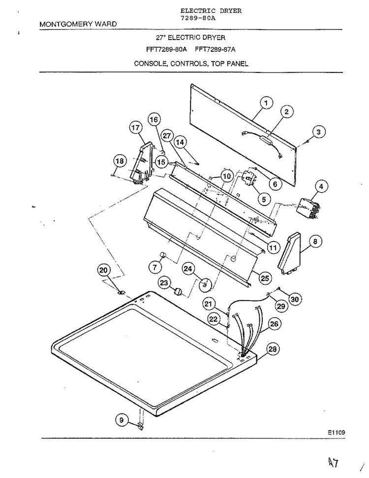 Console, Controls, Top Panel Diagram and Parts List for 7289-80A  Frigidaire Dryer