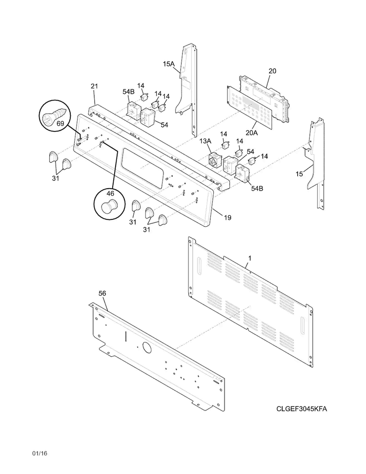 Backguard Diagram and Parts List for CGEF3058RFA  Frigidaire Range