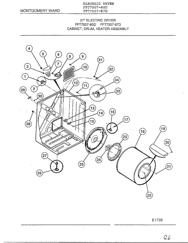 Cabinet, Drum, Heater Assembly Diagram and Parts List for 7007-80D  Frigidaire Dryer