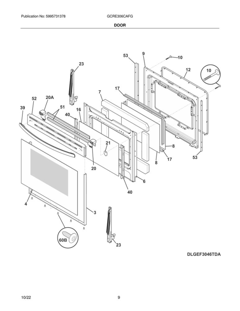 Door Diagram and Parts List for GCRE306CAFG  Frigidaire Range