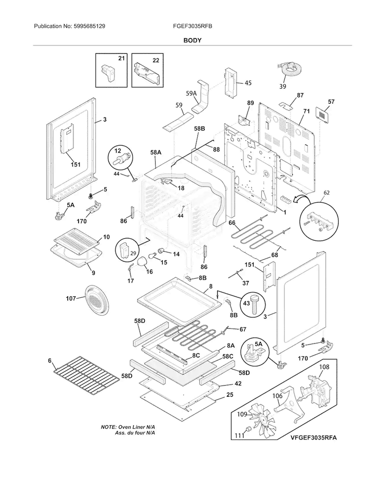 Body Diagram and Parts List for FGEF3035RFB  Frigidaire Range