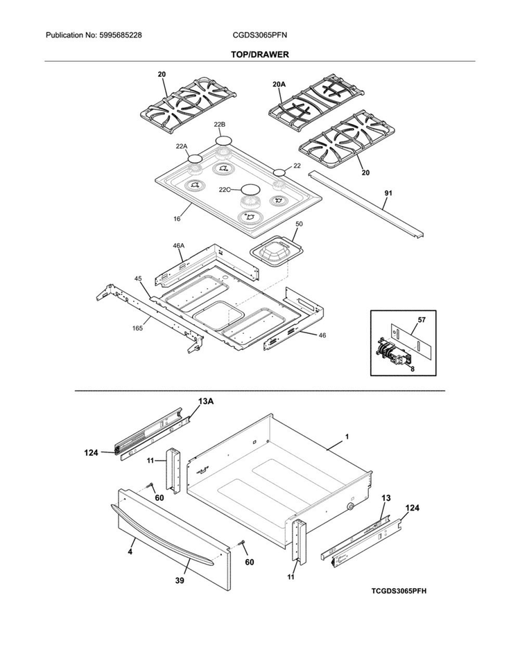 Top/drawer Diagram and Parts List for CGDS3065PFN  Frigidaire Range