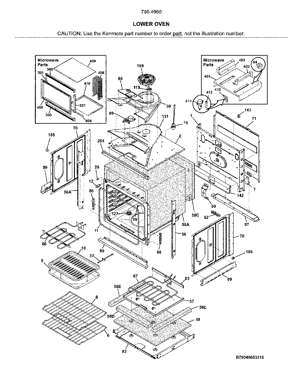 Lower oven Diagram and Parts List for 79049602319  Kenmore Microwave