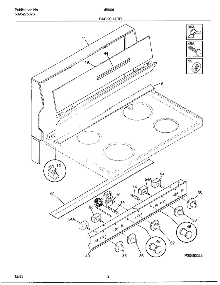 Backguard Diagram and Parts List for 480440D  Frigidaire Range