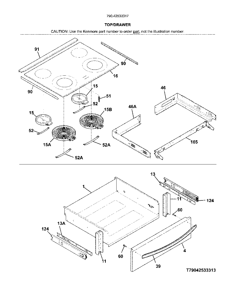 Top/drawer Diagram and Parts List for 79042533317  Kenmore Range