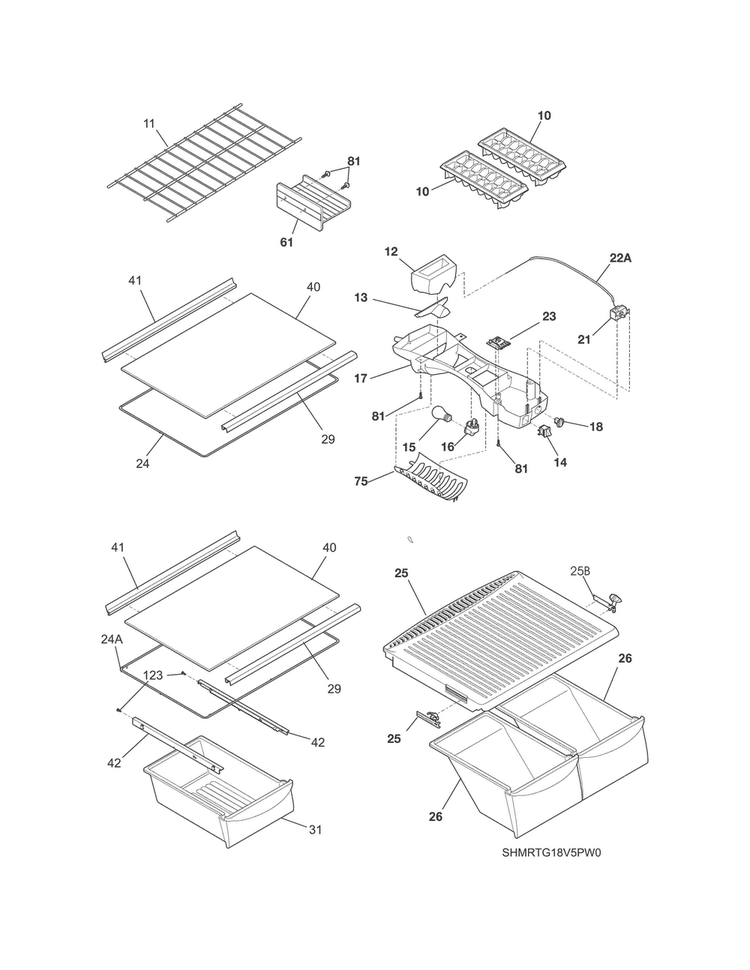 Shelves Diagram and Parts List for MRTG18V5PW2  Uni Refrigerator