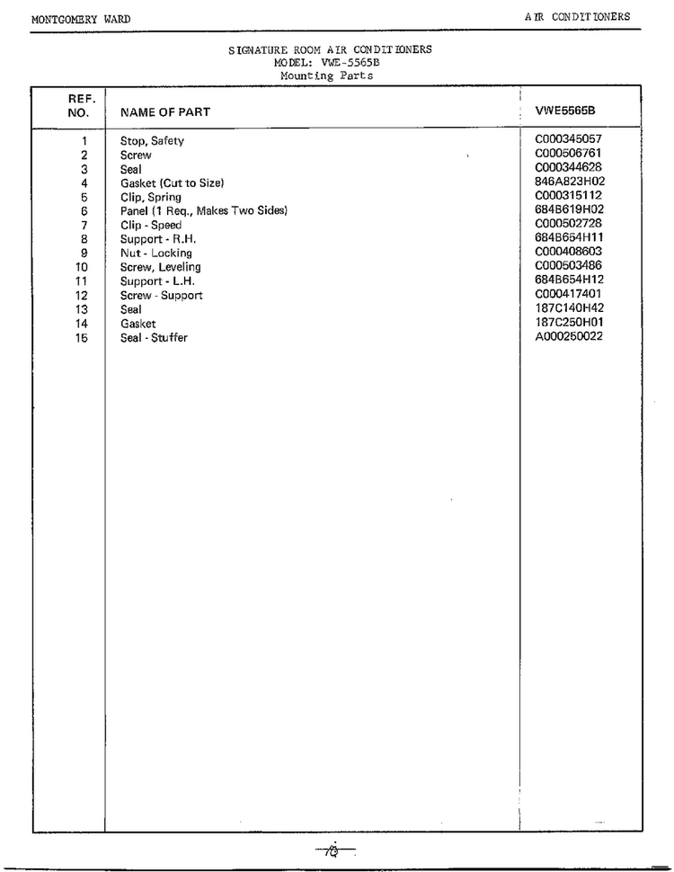 Mounting Page 2 Diagram and Parts List for 5565B  Frigidaire Air Conditioner
