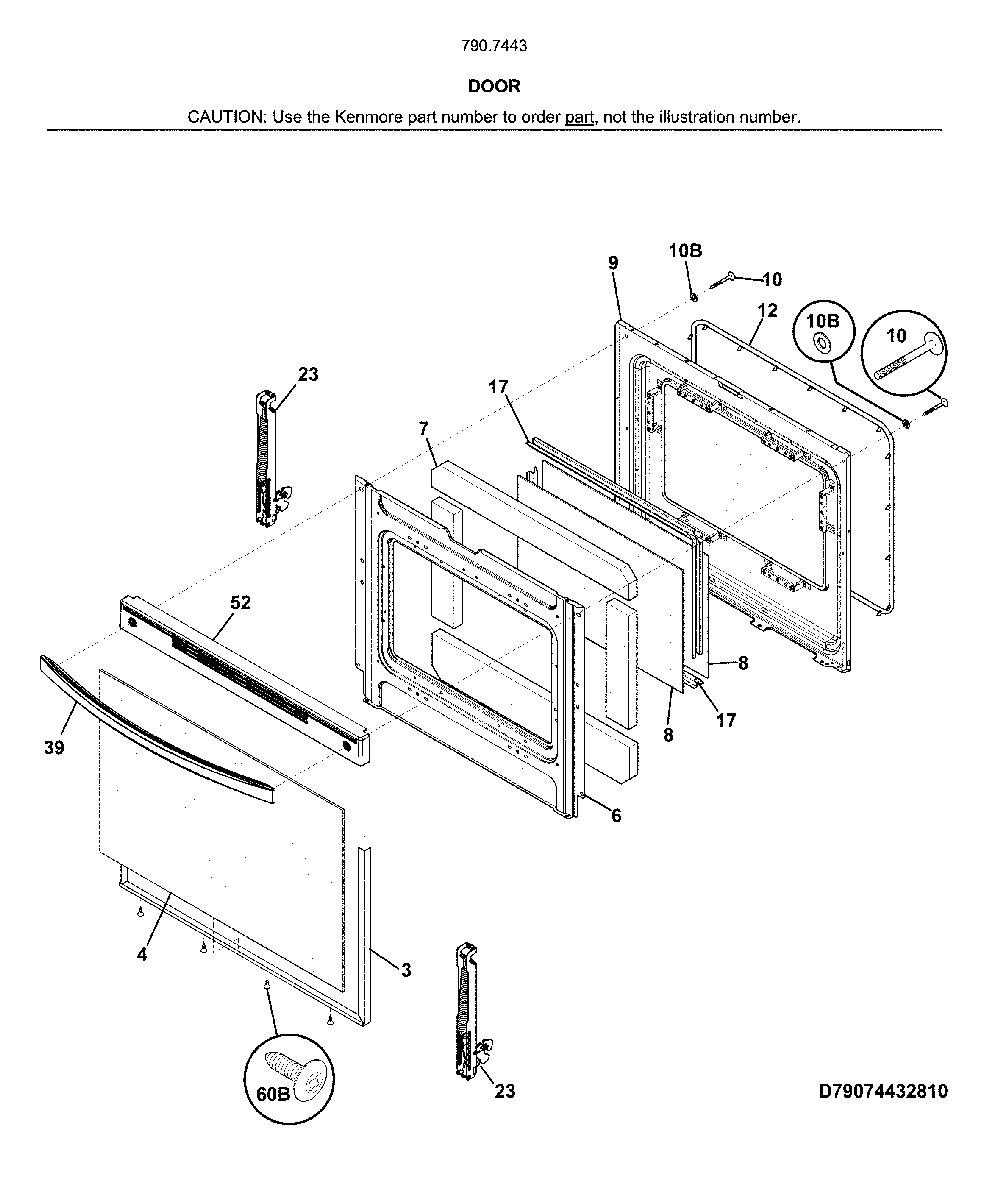 Door Diagram and Parts List for 79074432810  Kenmore Range