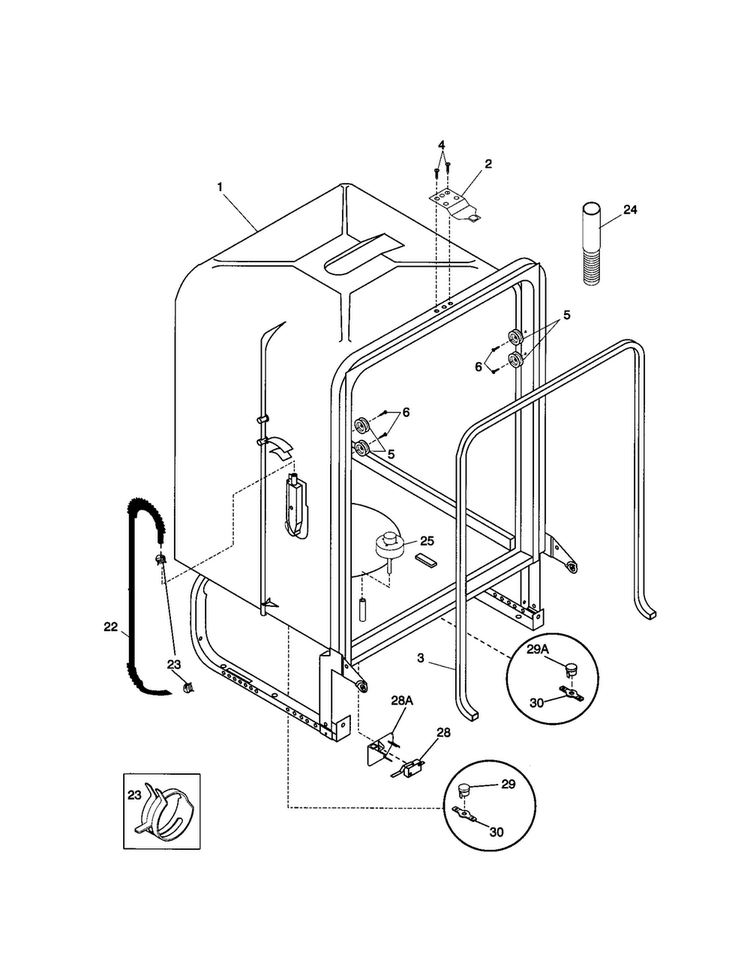Tub Diagram and Parts List for FDB836GFB6  Frigidaire Dishwasher