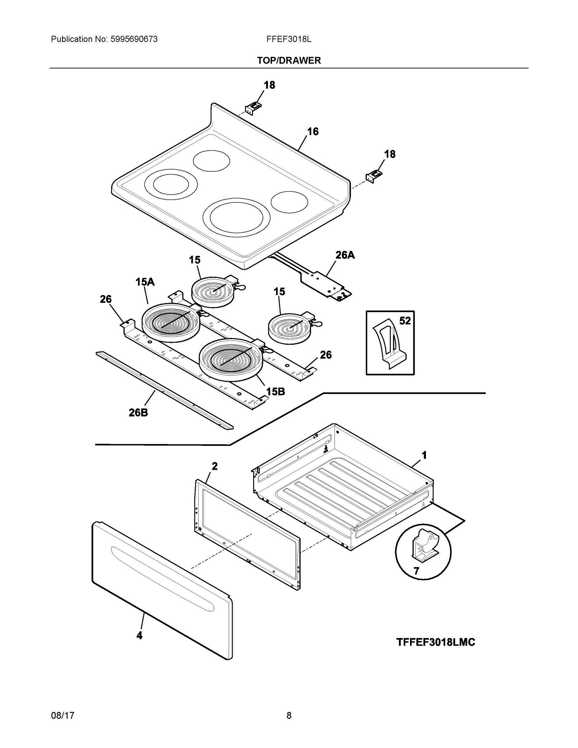 04 - TOP/DRAWER Diagram and Parts List for FFEF3018LBJ  Frigidaire Range