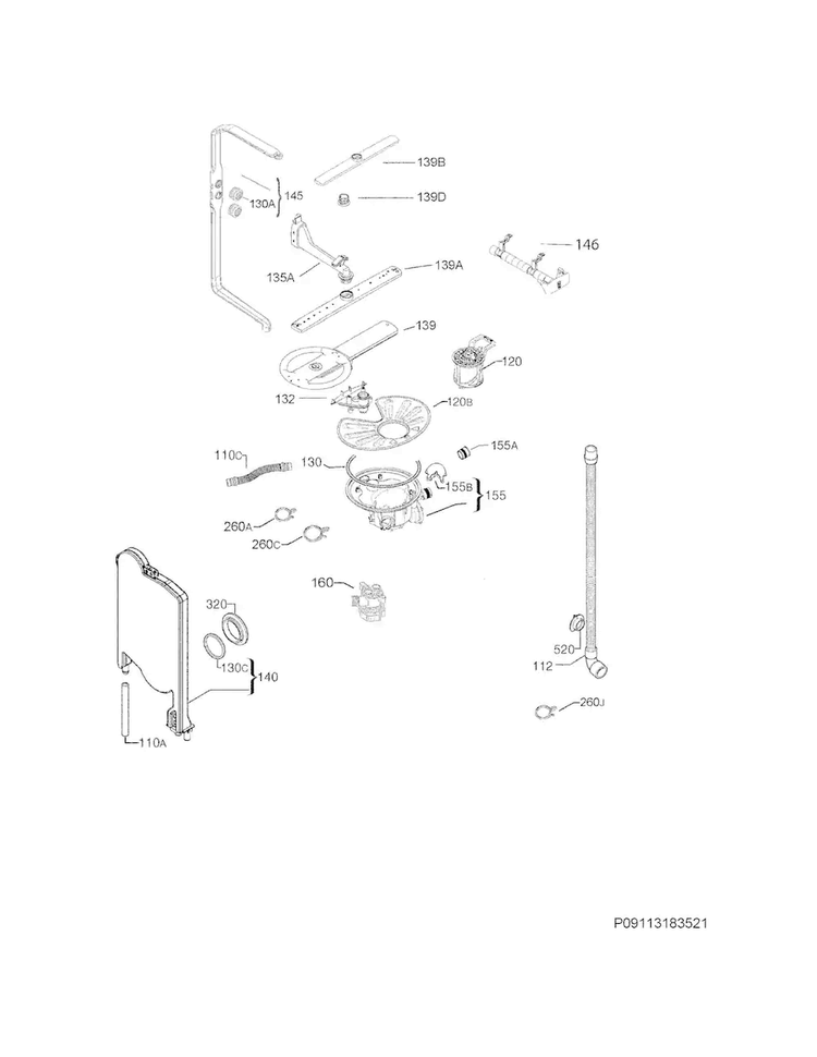 Wash System Diagram and Parts List for E24ID74QPS0A  Electrolux Dishwasher