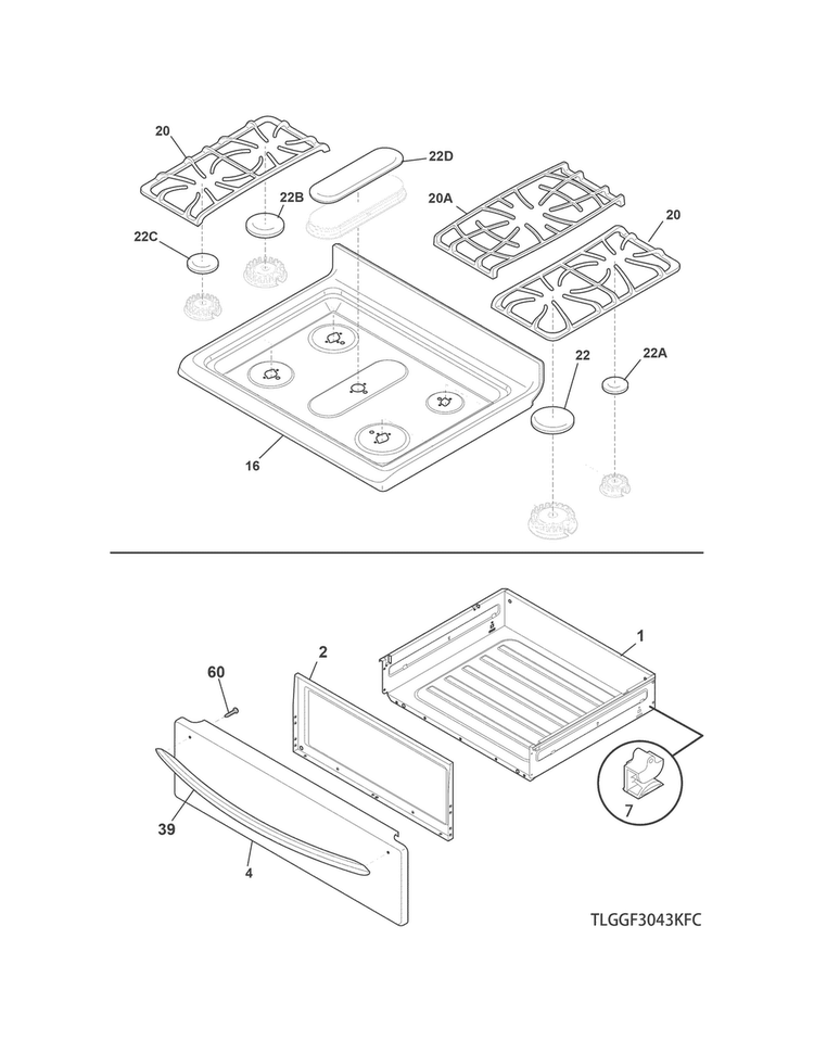 Top/drawer Diagram and Parts List for DGGF3045RFA  Frigidaire Range