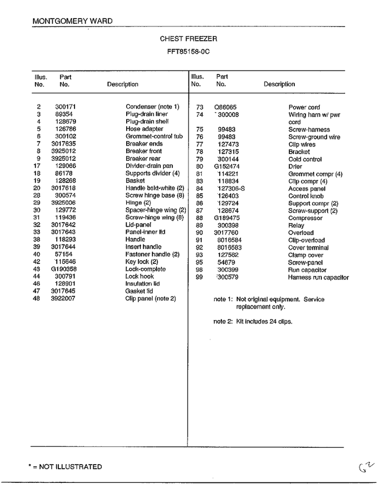Chest Freezer Page 2 Diagram and Parts List for 85158-OC  Frigidaire Freezer