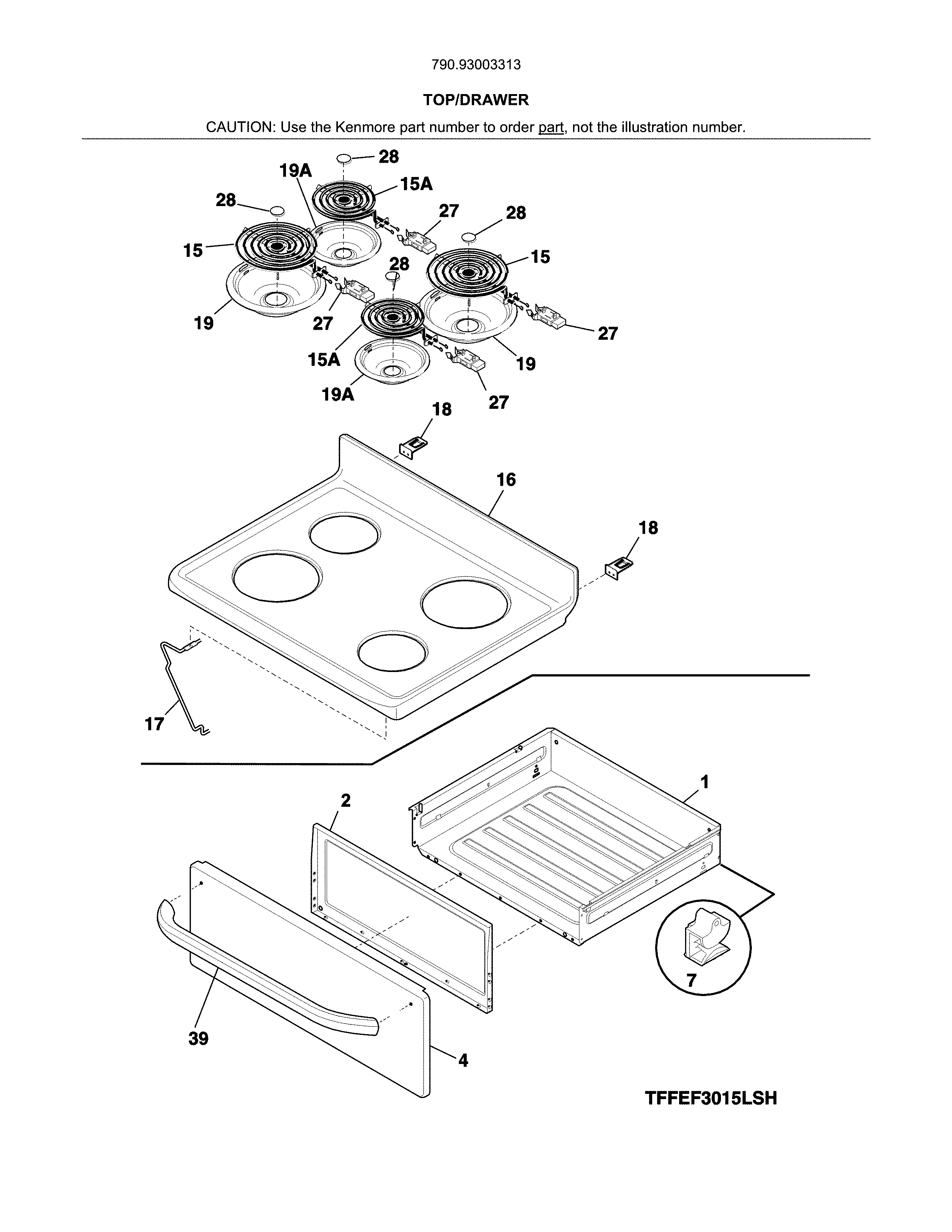 Top/drawer Diagram and Parts List for 79093003313  Kenmore Range