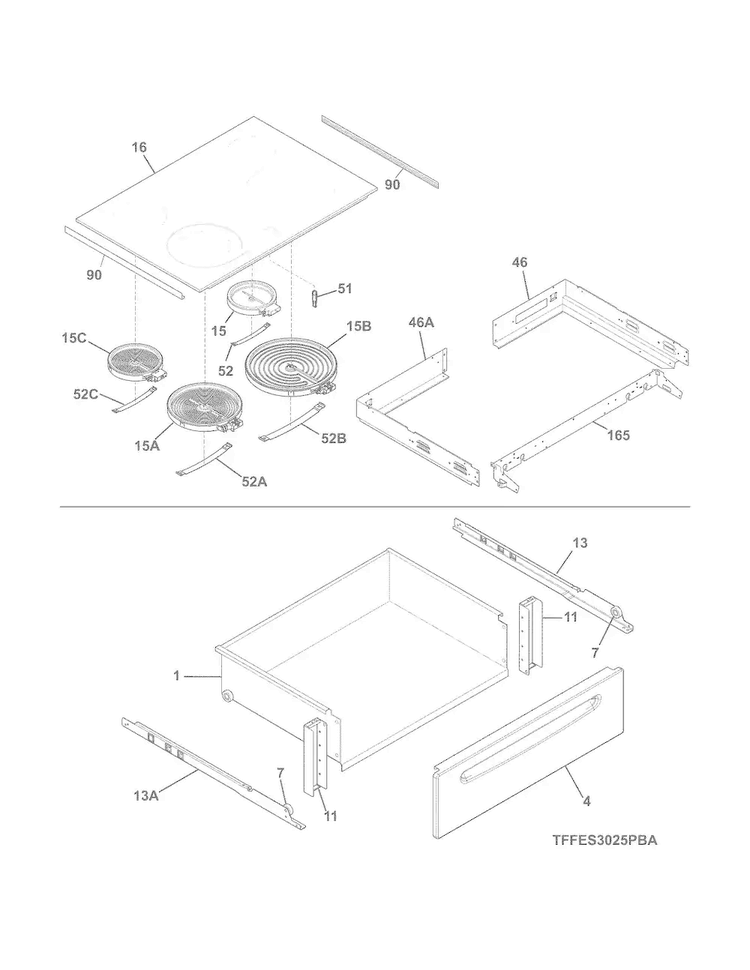 Top/drawer Diagram and Parts List for CFES3025PBA  Frigidaire Range