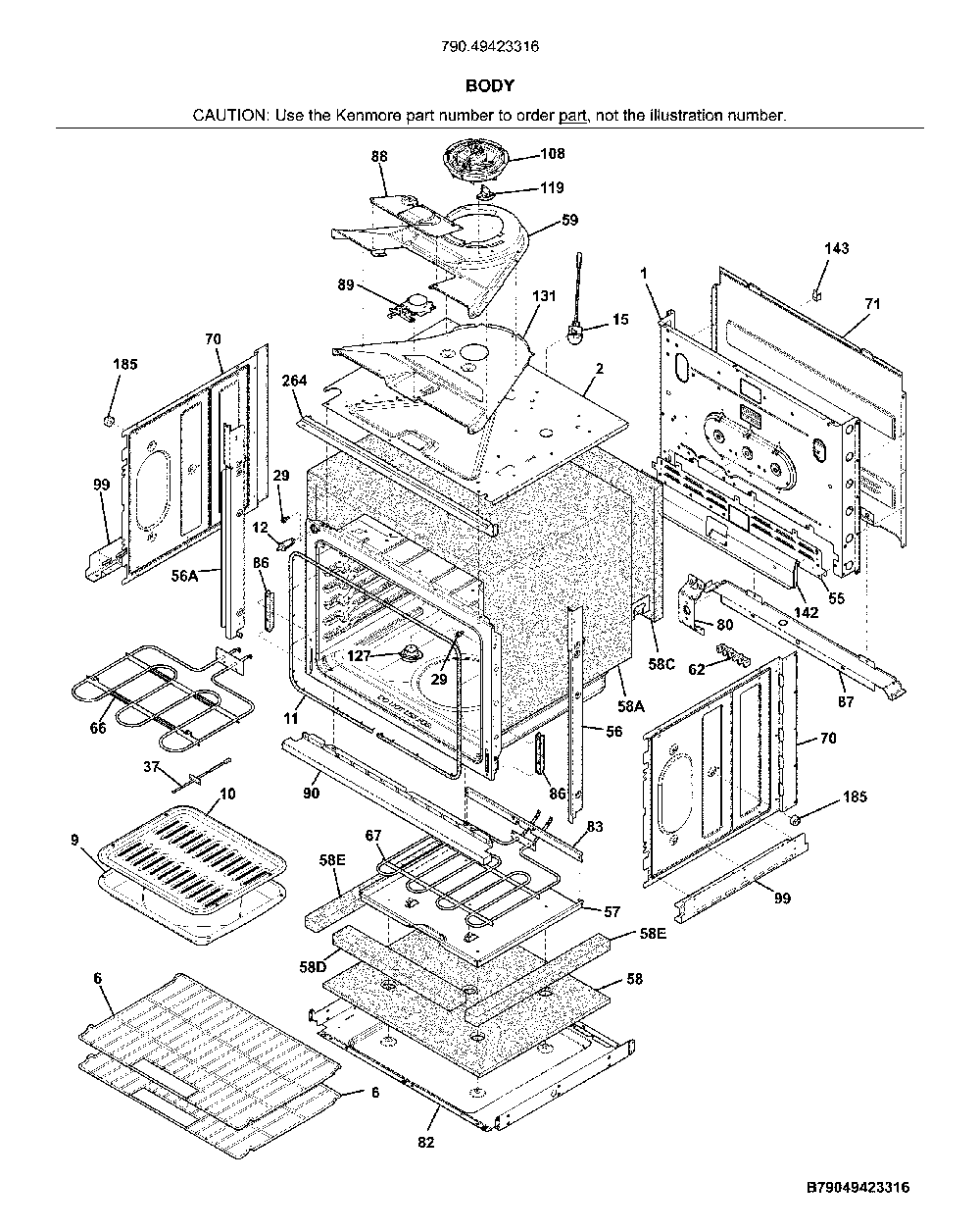 Body Diagram and Parts List for 79049423316  Kenmore Wall Oven