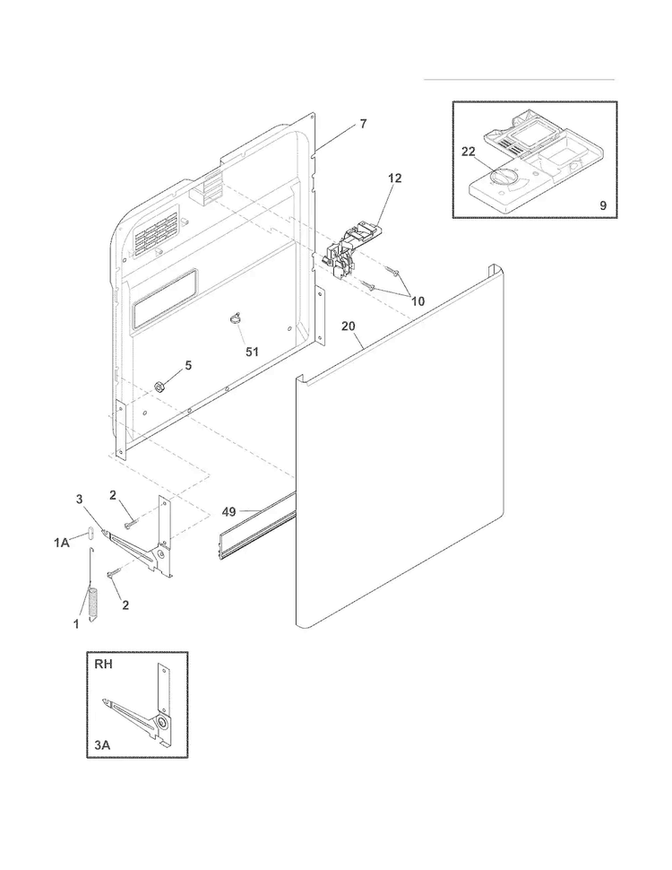 Door Diagram and Parts List for FDB520RHB3B  Frigidaire Dishwasher