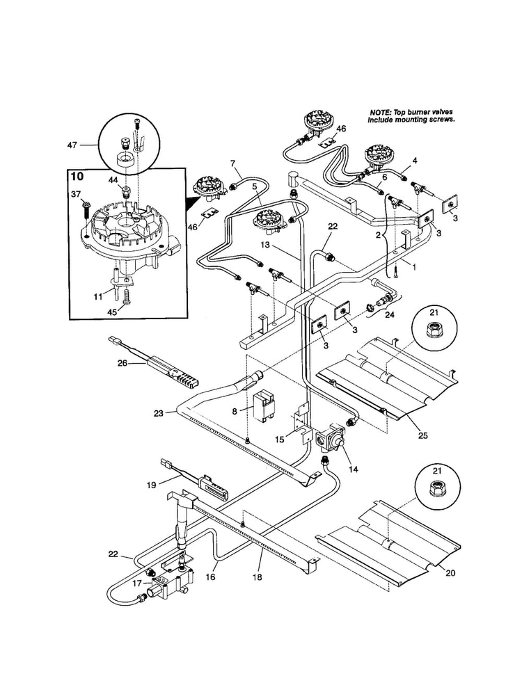 Burner Diagram and Parts List for FGF354BGWD  Frigidaire Range