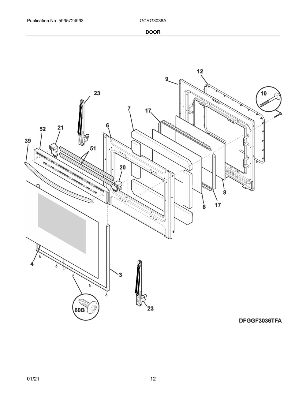 Door Diagram and Parts List for GCRG3038AFC  Frigidaire Range