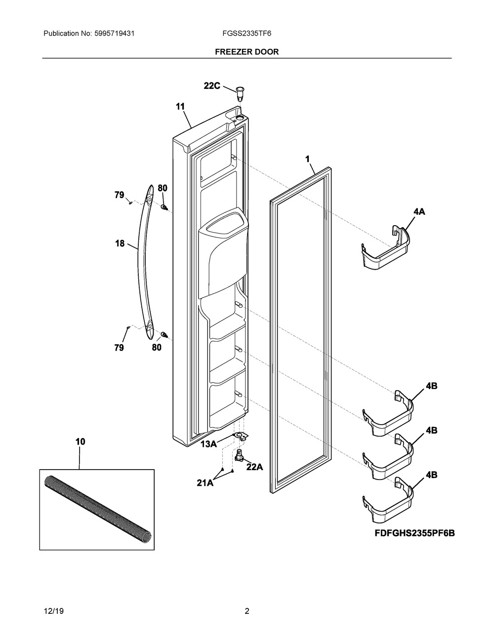 Freezer Door Diagram and Parts List for FGSS2335TF6  Frigidaire Refrigerator