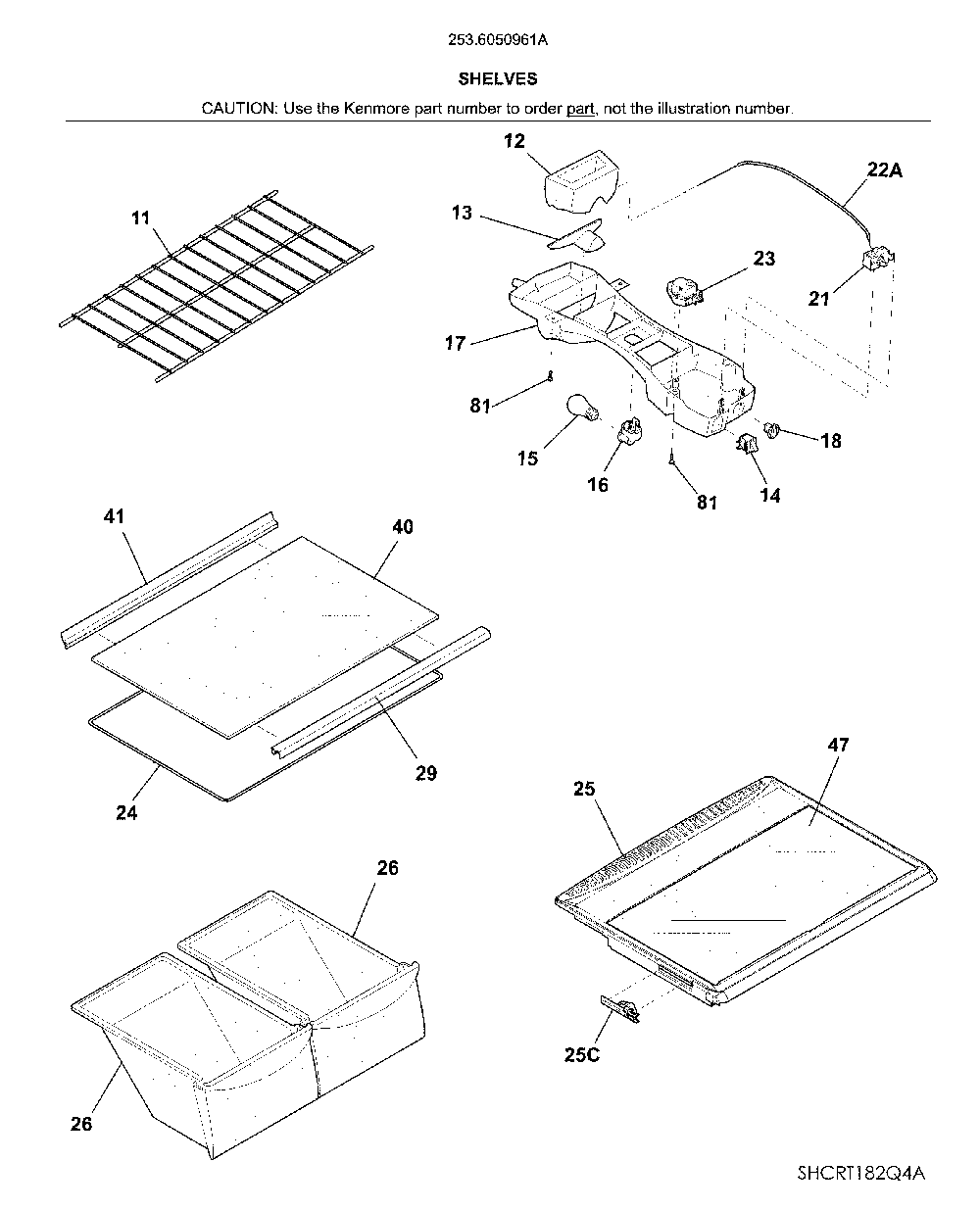 Shelves Diagram and Parts List for 2536050961A  Kenmore Refrigerator