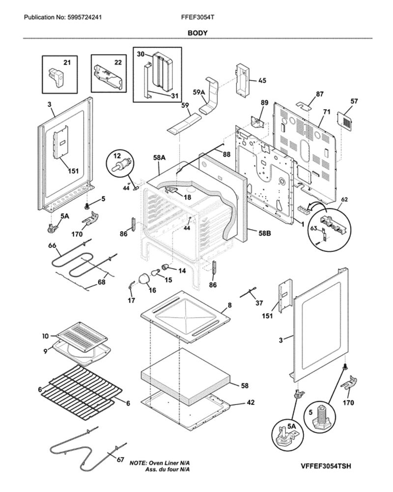 Body Diagram and Parts List for FFEF3054TBM  Frigidaire Range
