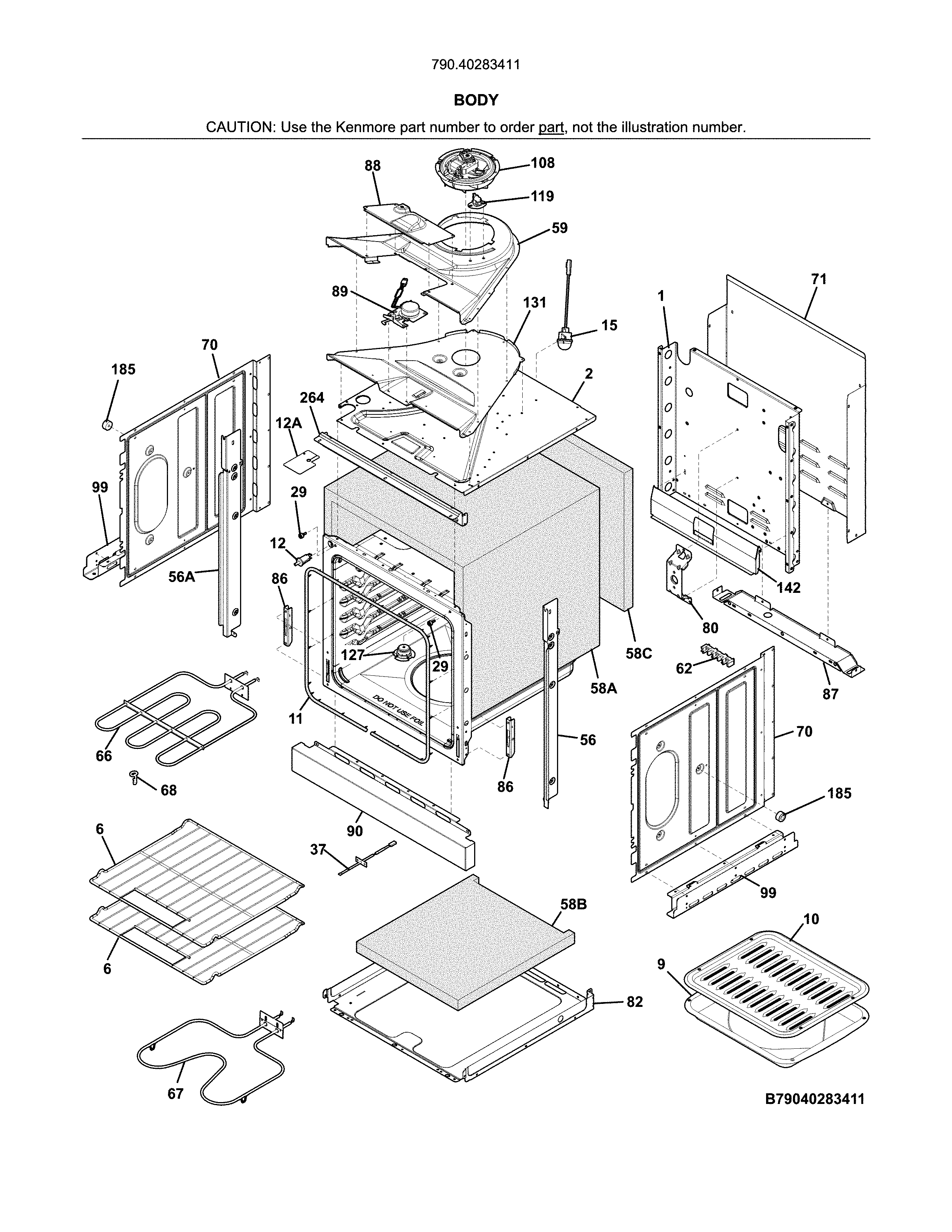 Body Diagram and Parts List for 79040283411  Kenmore Wall Oven