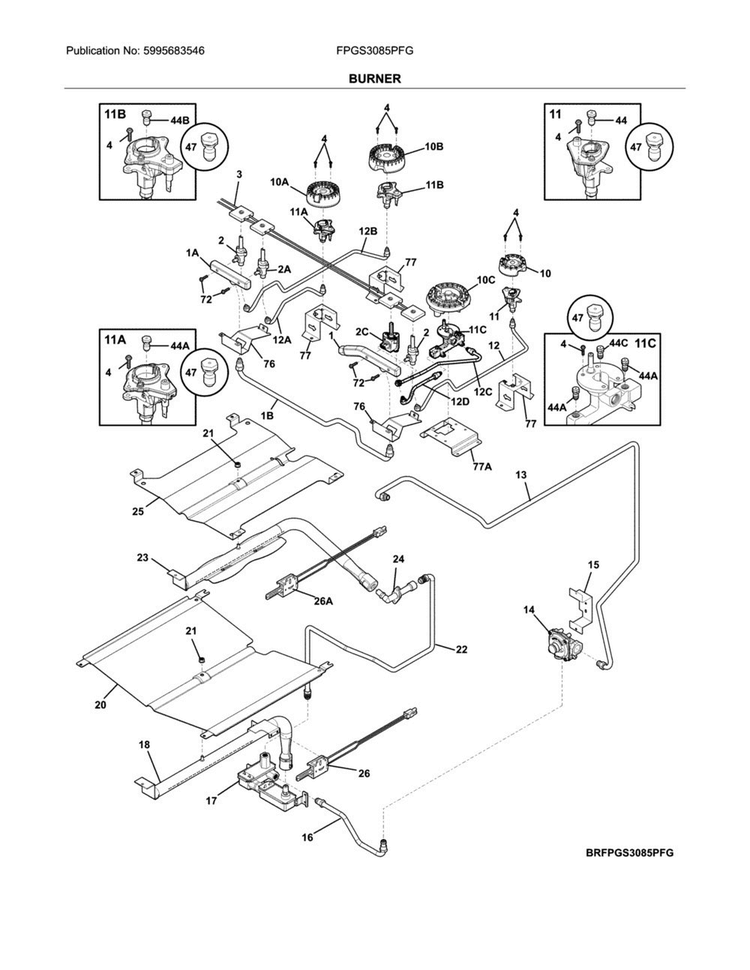 Burner Diagram and Parts List for FPGS3085PFG  Frigidaire Range