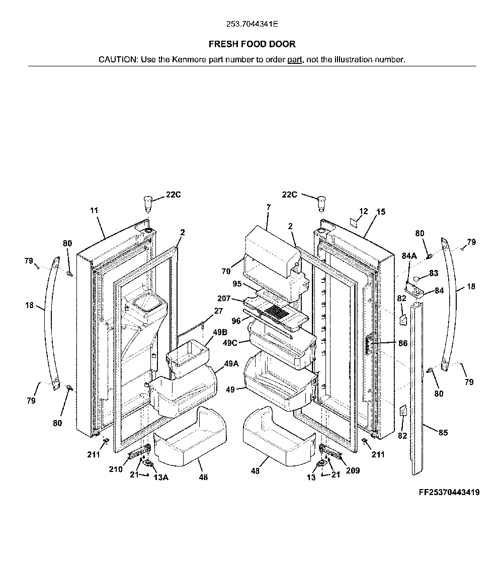 Fresh food door Diagram and Parts List for 2537044341E  Kenmore Refrigerator