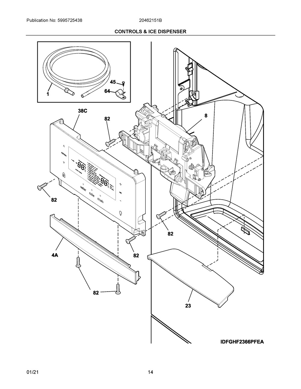 Controls And Ice Dispenser Diagram and Parts List for 20462151B  Frigidaire Refrigerator