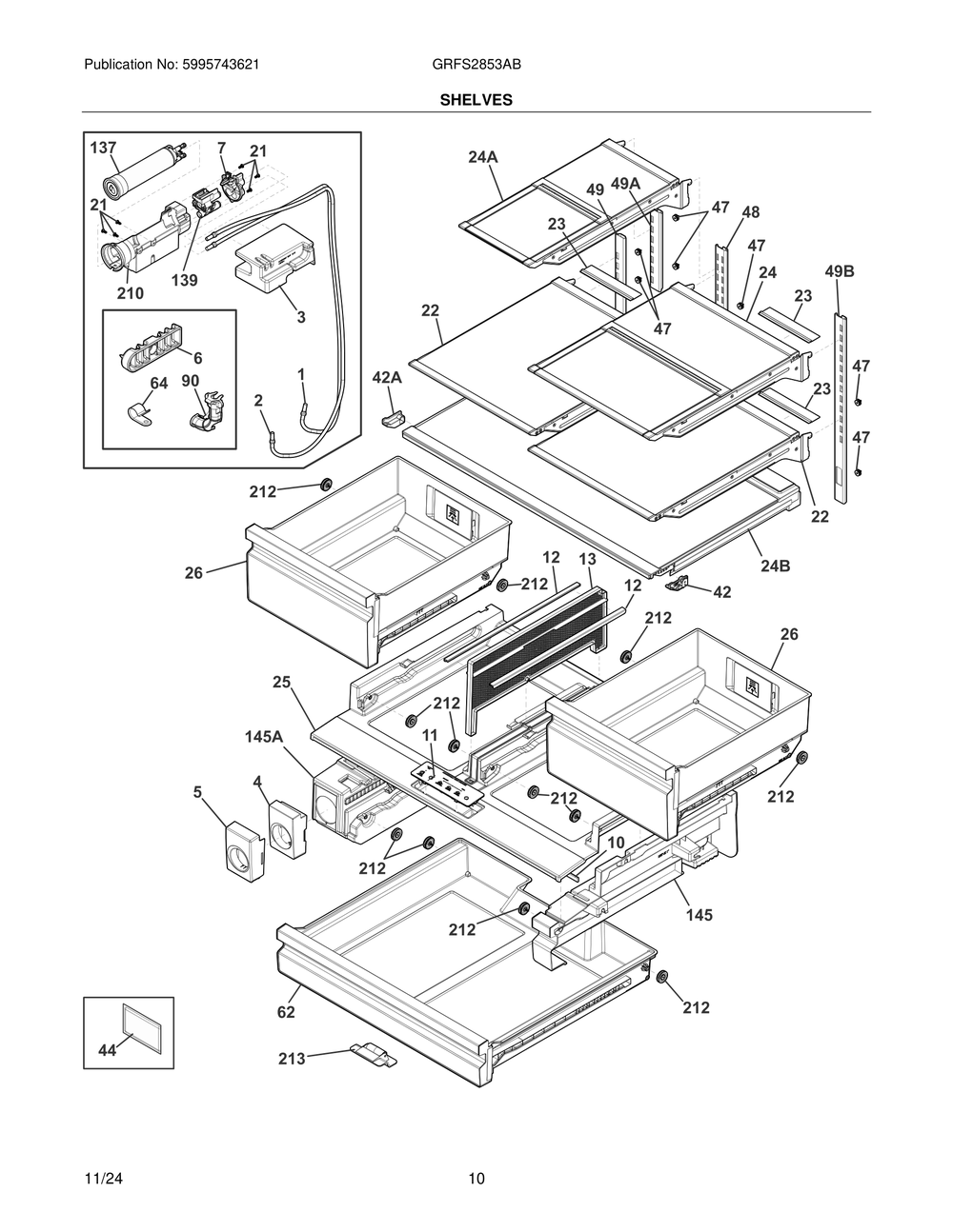Shelves Diagram and Parts List for GRFS2853AB  Frigidaire Freezer