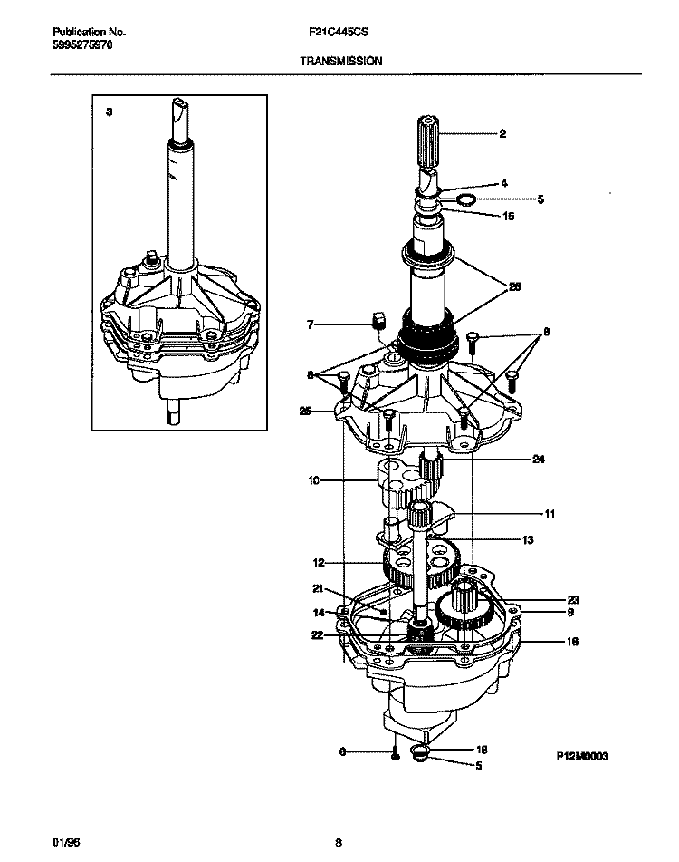 TRANSMISSION Diagram and Parts List for F21C445CS2  Frigidaire Washer