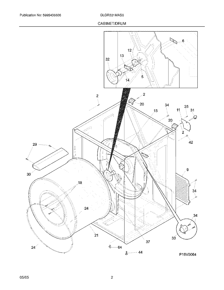 CABINET / DRUM Diagram and Parts List for GLGR331MAS0  Frigidaire Dryer