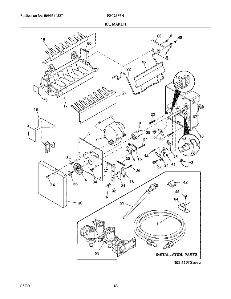 ICE MAKER Diagram and Parts List for FSC23F7HB7  Frigidaire Refrigerator