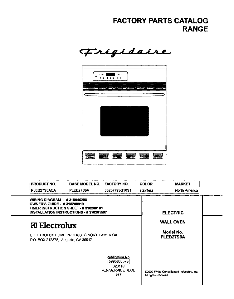 COVER Diagram and Parts List for PLEB27S8ACA  Frigidaire Wall Oven