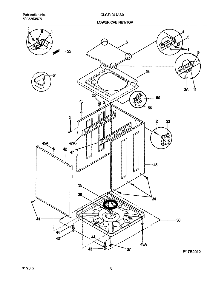 WSHR CAB, TOP Diagram and Parts List for GLGT1041AS0  Frigidaire Washer Dryer Combo
