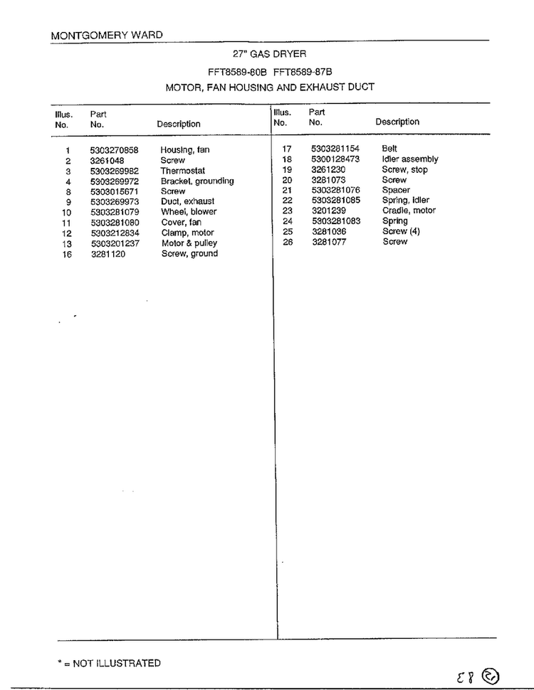 Motor/fan Housing/exhaust Duct Page 2 Diagram and Parts List for 8589-80B  Frigidaire Dryer