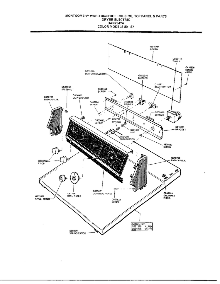 Control Housing, Top Panel And Parts Diagram and Parts List for 7347A  Frigidaire Dryer