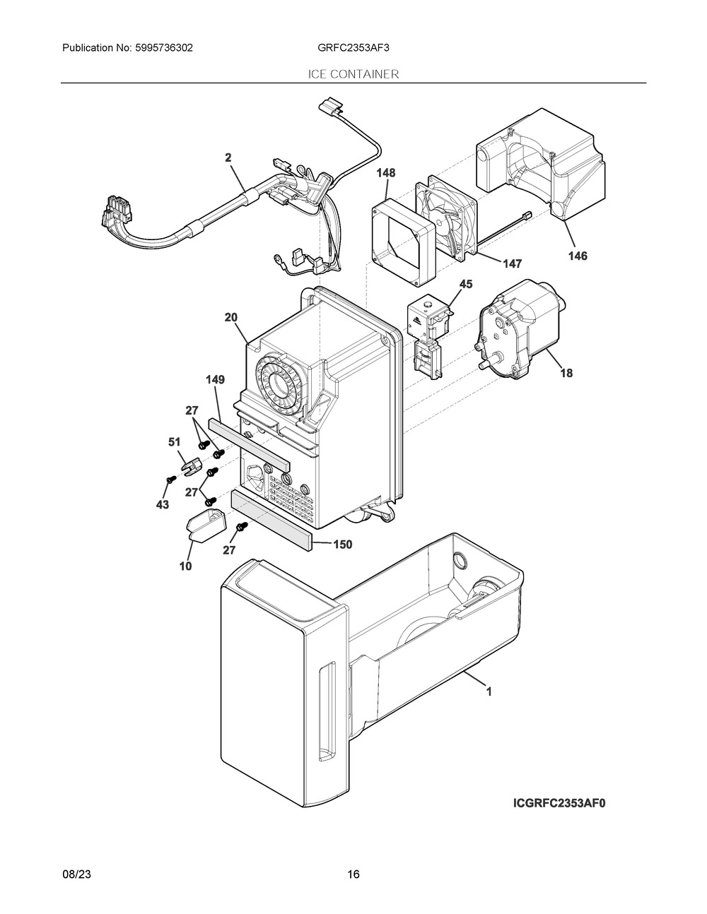 Ice Container Diagram and Parts List for GRFC2353AF3  Frigidaire Refrigerator