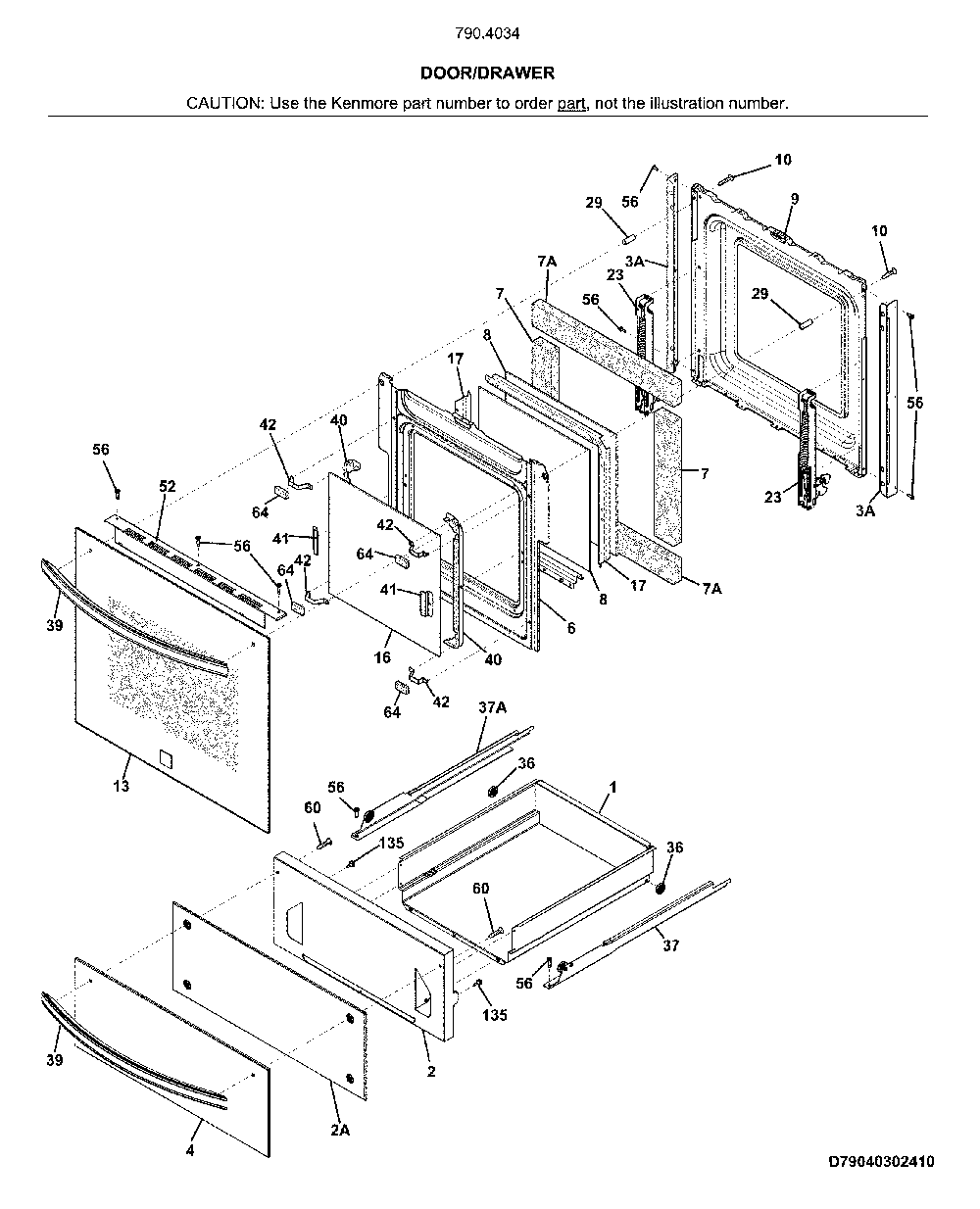 Door/drawer Diagram and Parts List for 790403412810  Kenmore Wall Oven