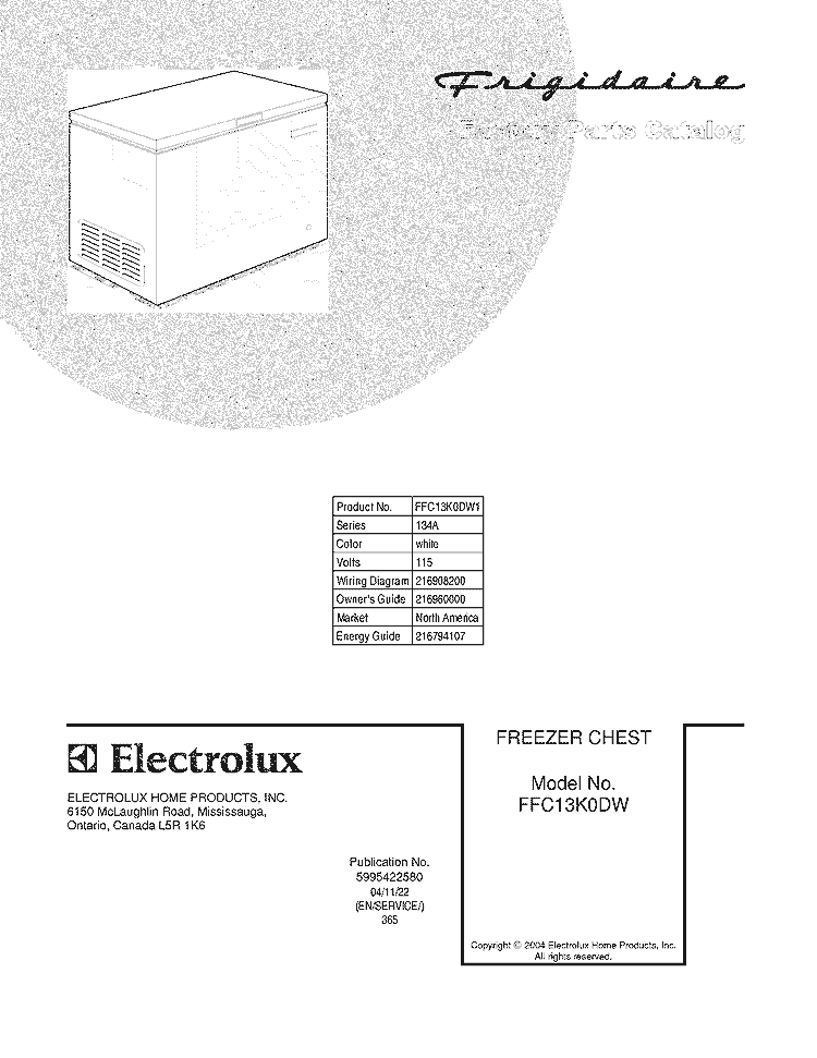 COVER Diagram and Parts List for FFC13K0DW1  Frigidaire Freezer
