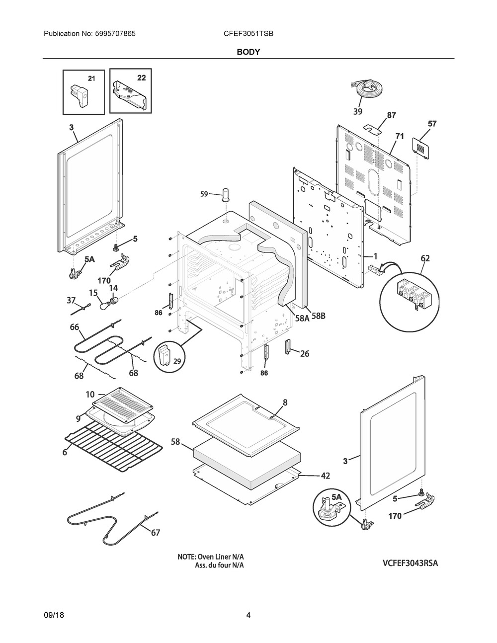Body Diagram and Parts List for CFEF3051TSB  Frigidaire Range