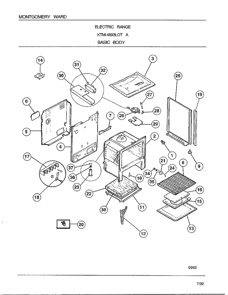 Basic Body Diagram and Parts List for 4893A  Frigidaire Range