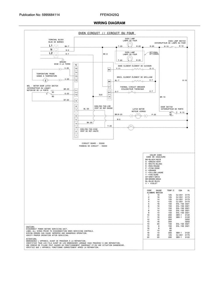 Wiring Diagram Diagram and Parts List for FFEW2425QWB  Frigidaire Wall Oven