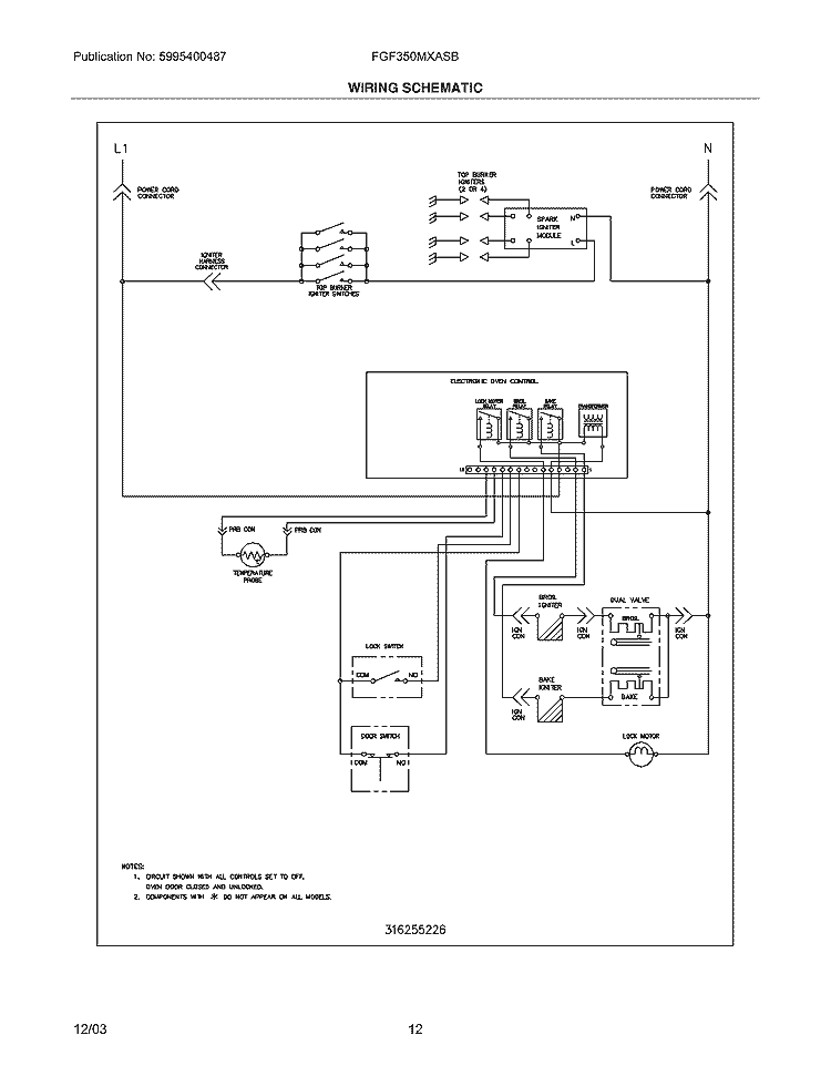 WIRING SCHEMATIC Diagram and Parts List for FGF350MXASB  Frigidaire Range