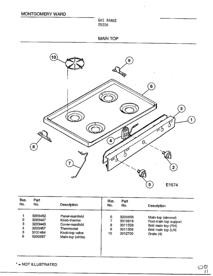 Main Top Diagram and Parts List for 2820A  Frigidaire Range